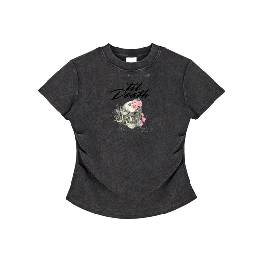 Dark gray t-shirt with skull and floral design on a white background