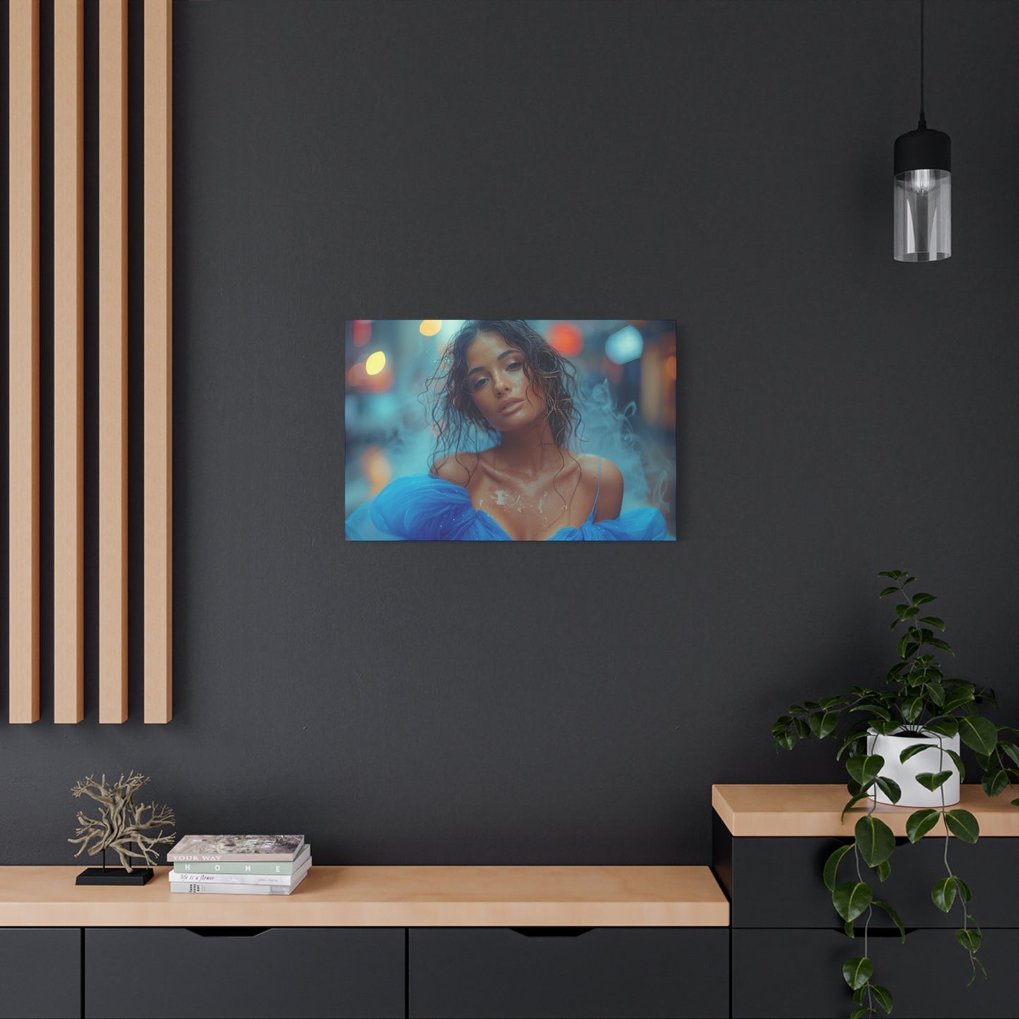 Blue Smoke Muse – Rain-Drenched Street Portrait | Luxury Wall Art Canvas