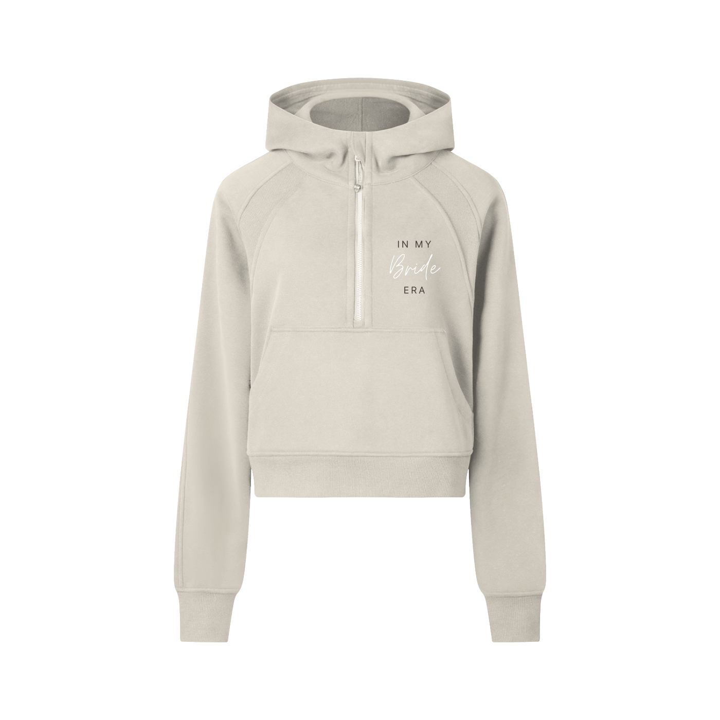 Beige hoodie with text on a white background