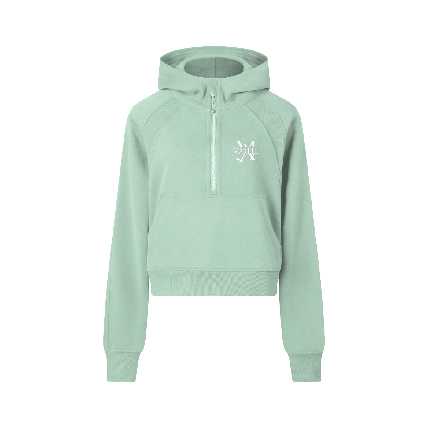 Light green hoodie with a logo on a white background