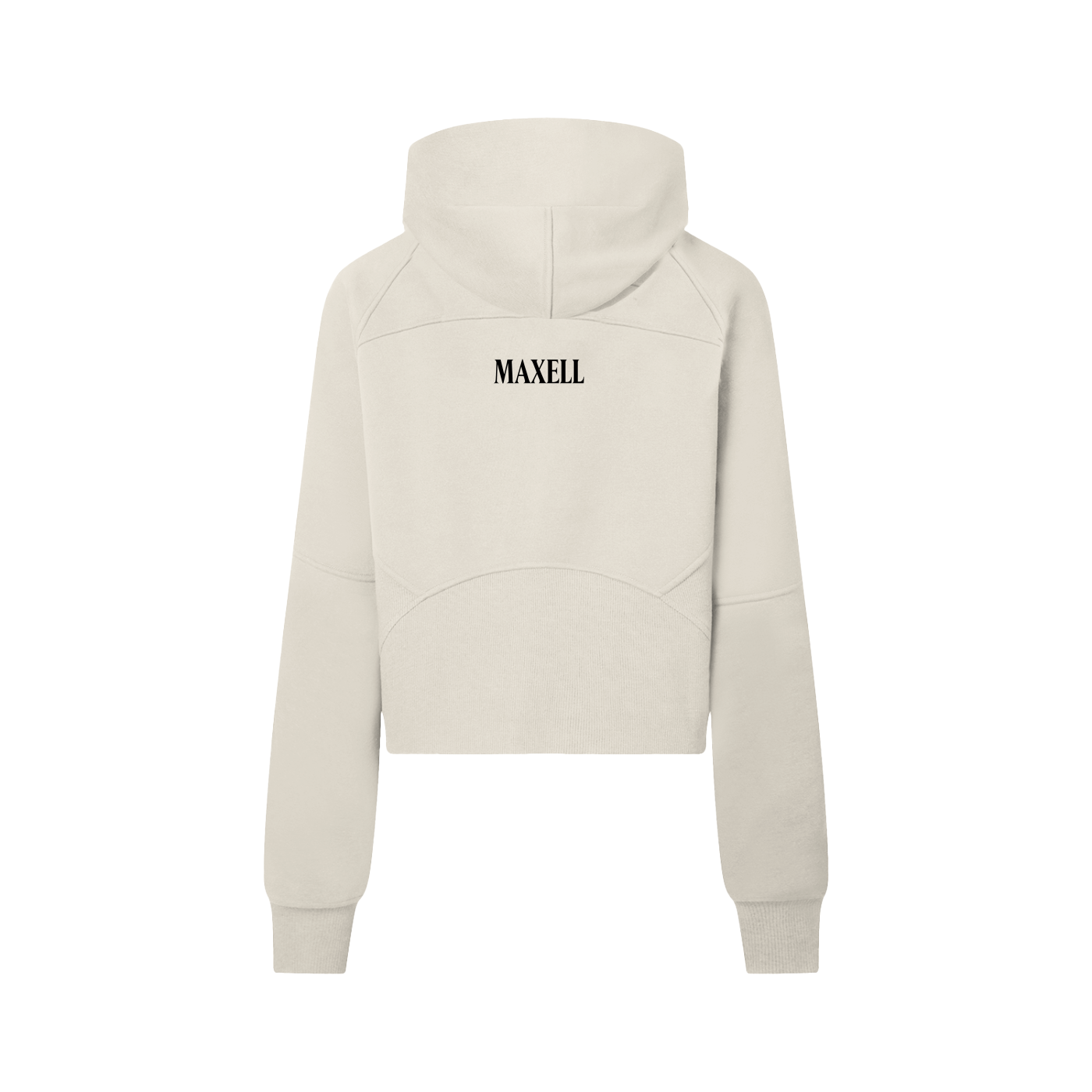 Beige hoodie with 'MAXELL' branding on the back against a white background