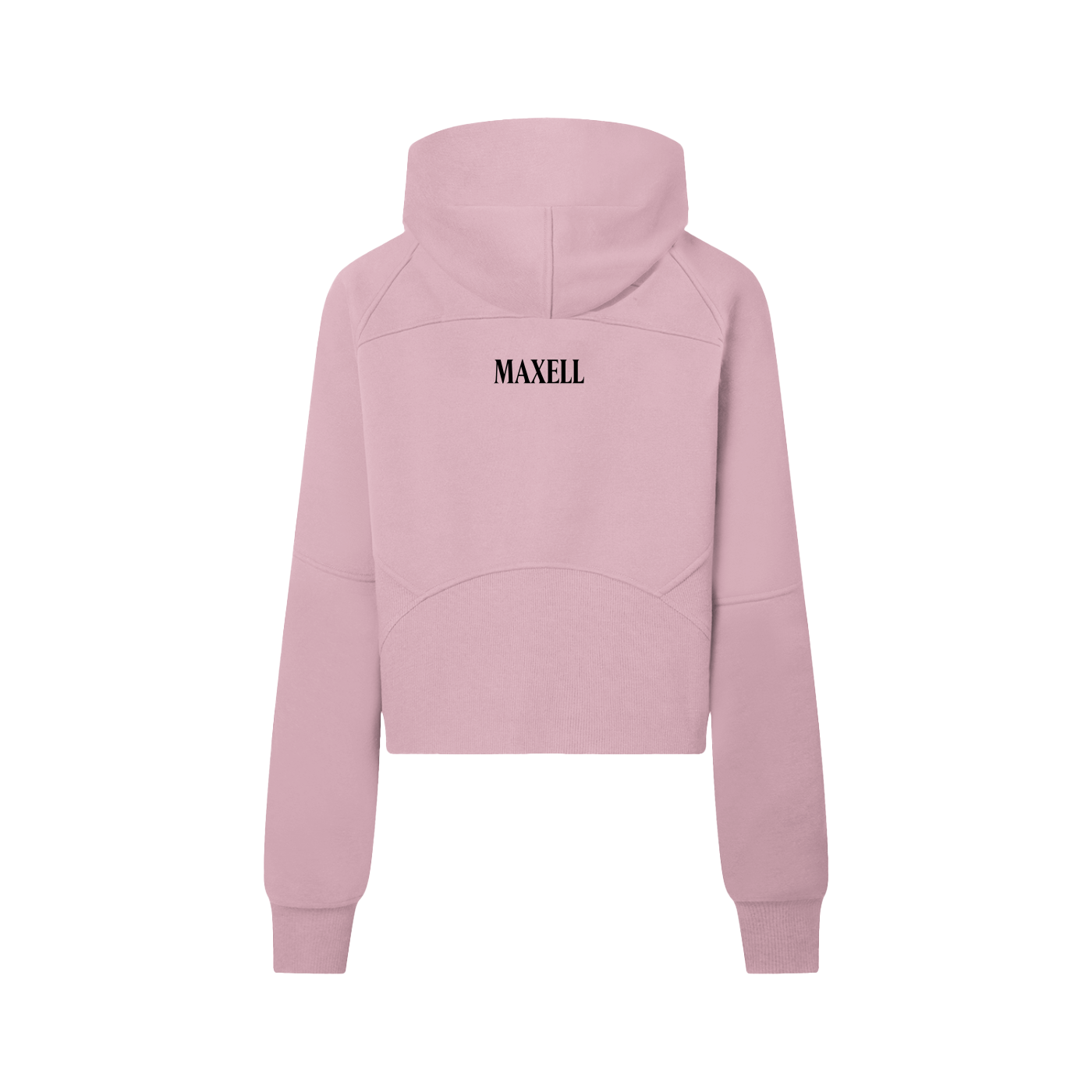 Pink hoodie with 'MAXELL' branding on the back against a white background