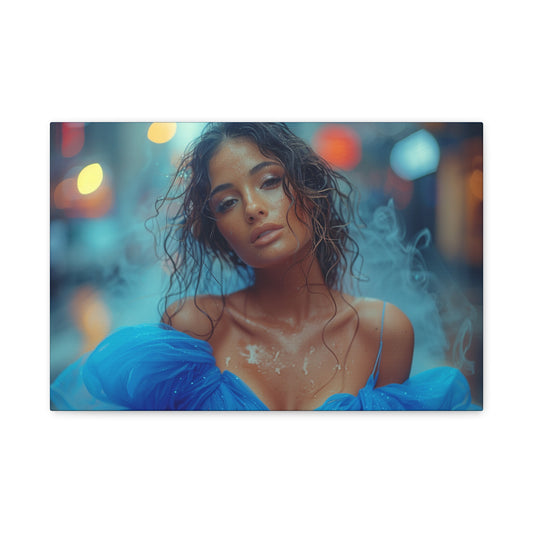 Blue Smoke Muse – Rain-Drenched Street Portrait | Luxury Wall Art Canvas