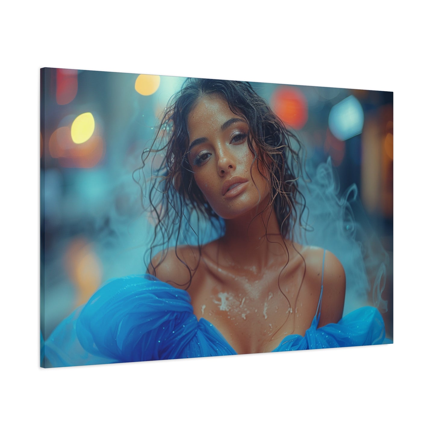Blue Smoke Muse – Rain-Drenched Street Portrait | Luxury Wall Art Canvas