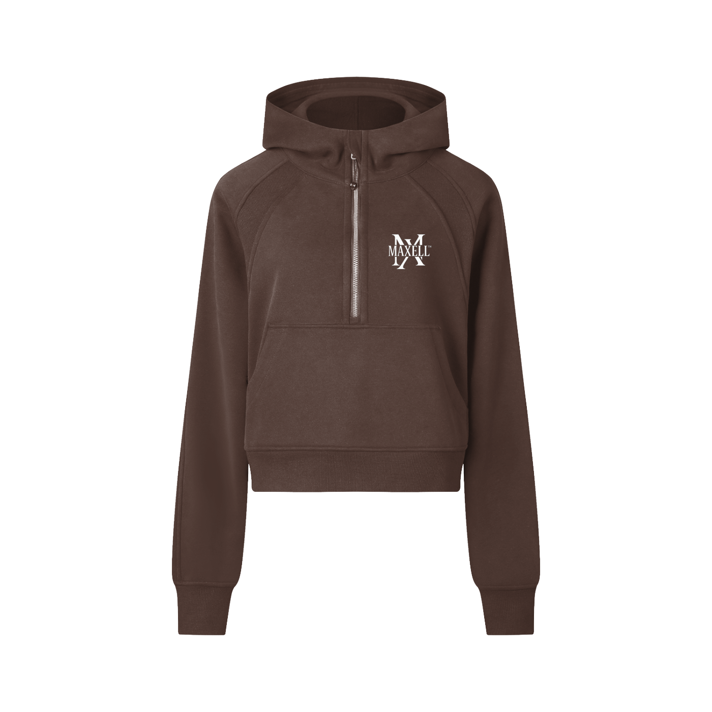 Brown hoodie with a logo on the chest against a white background