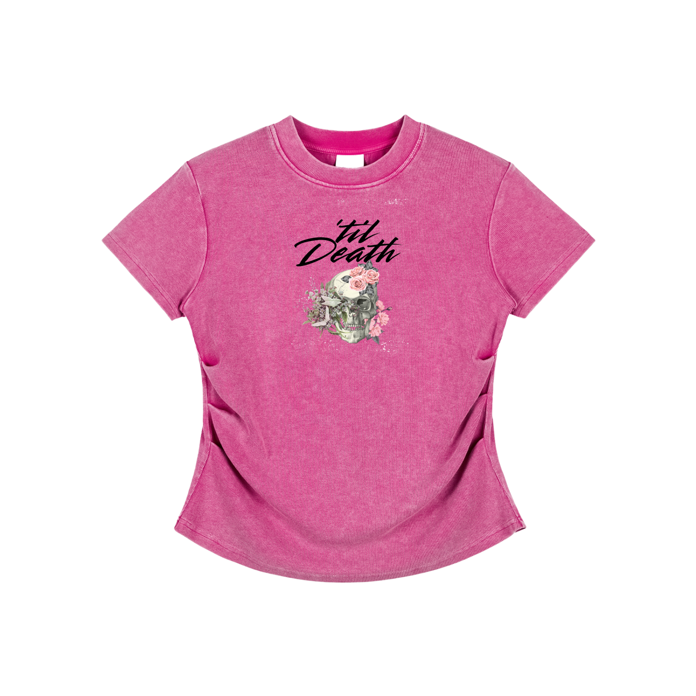 Pink t-shirt with floral design and text on a white background