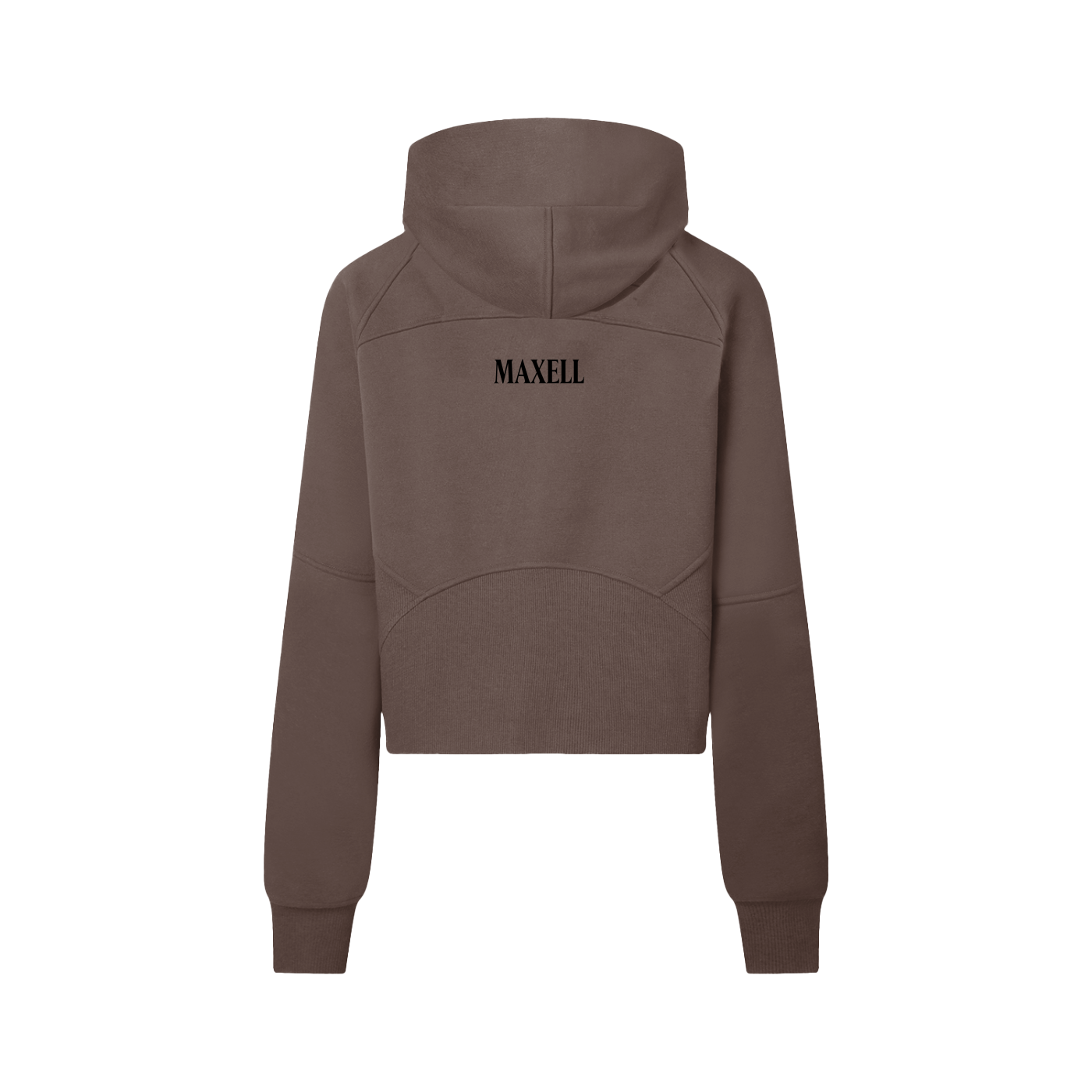 Brown hoodie with 'MAXELL' branding on the back against a white background