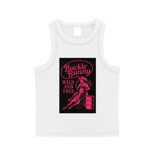 White tank top with pink and black graphic design on a white background