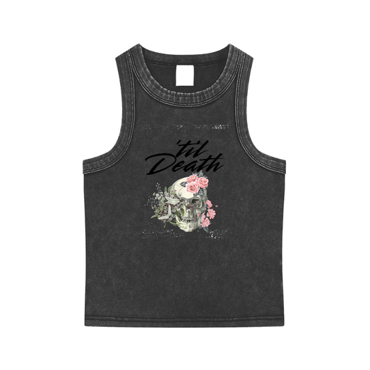 Black tank top with skull and floral design on a white background