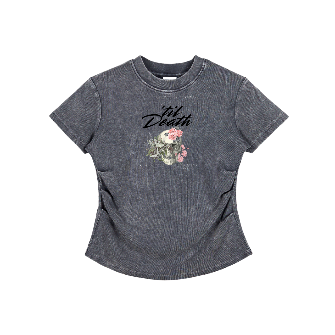 Gray t-shirt with floral design and text on a white background