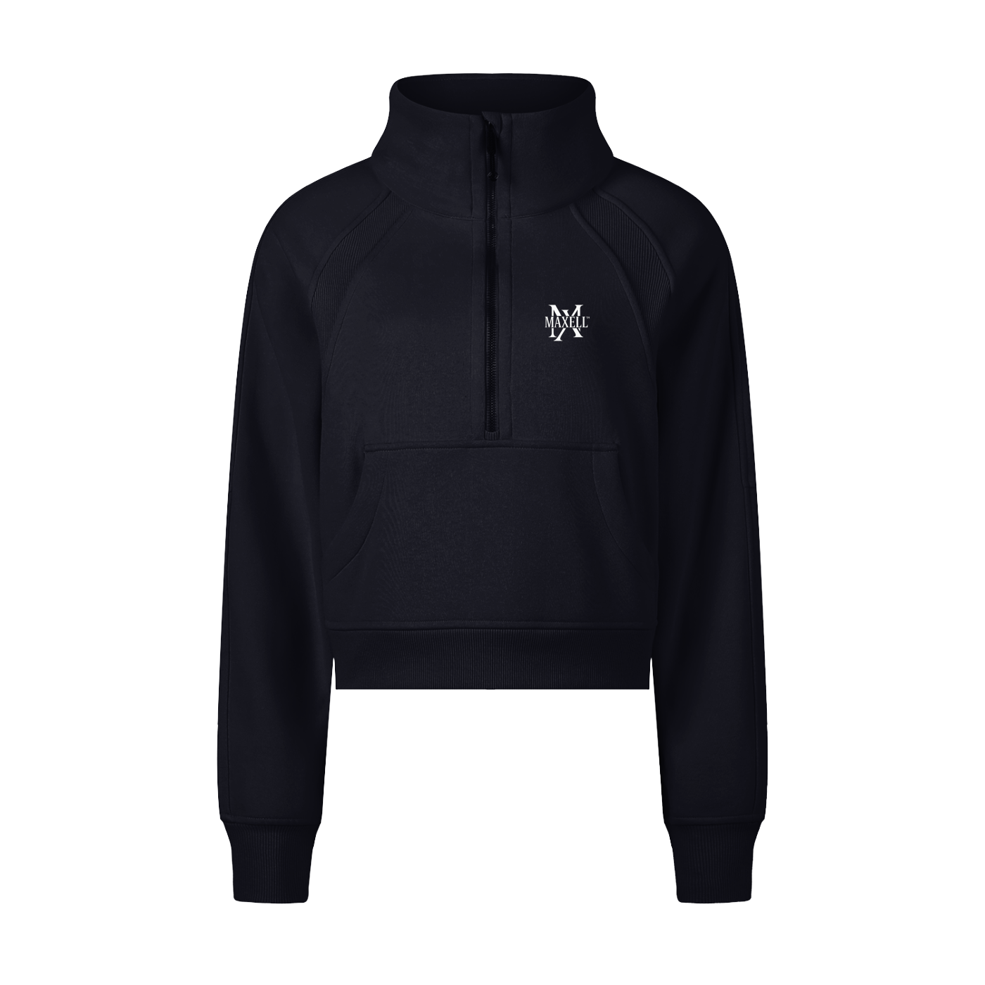 Black half-zip sweatshirt with a logo on a white background