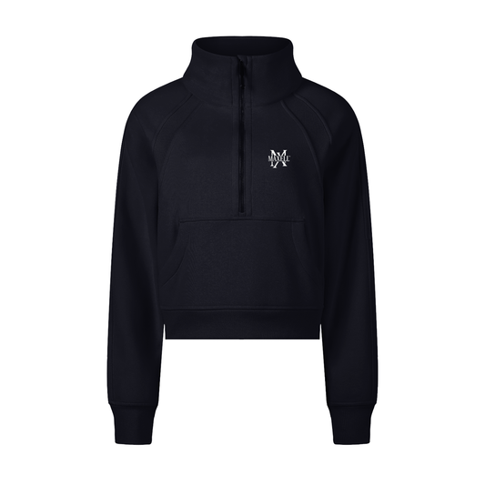 Black half-zip sweatshirt with a logo on a white background