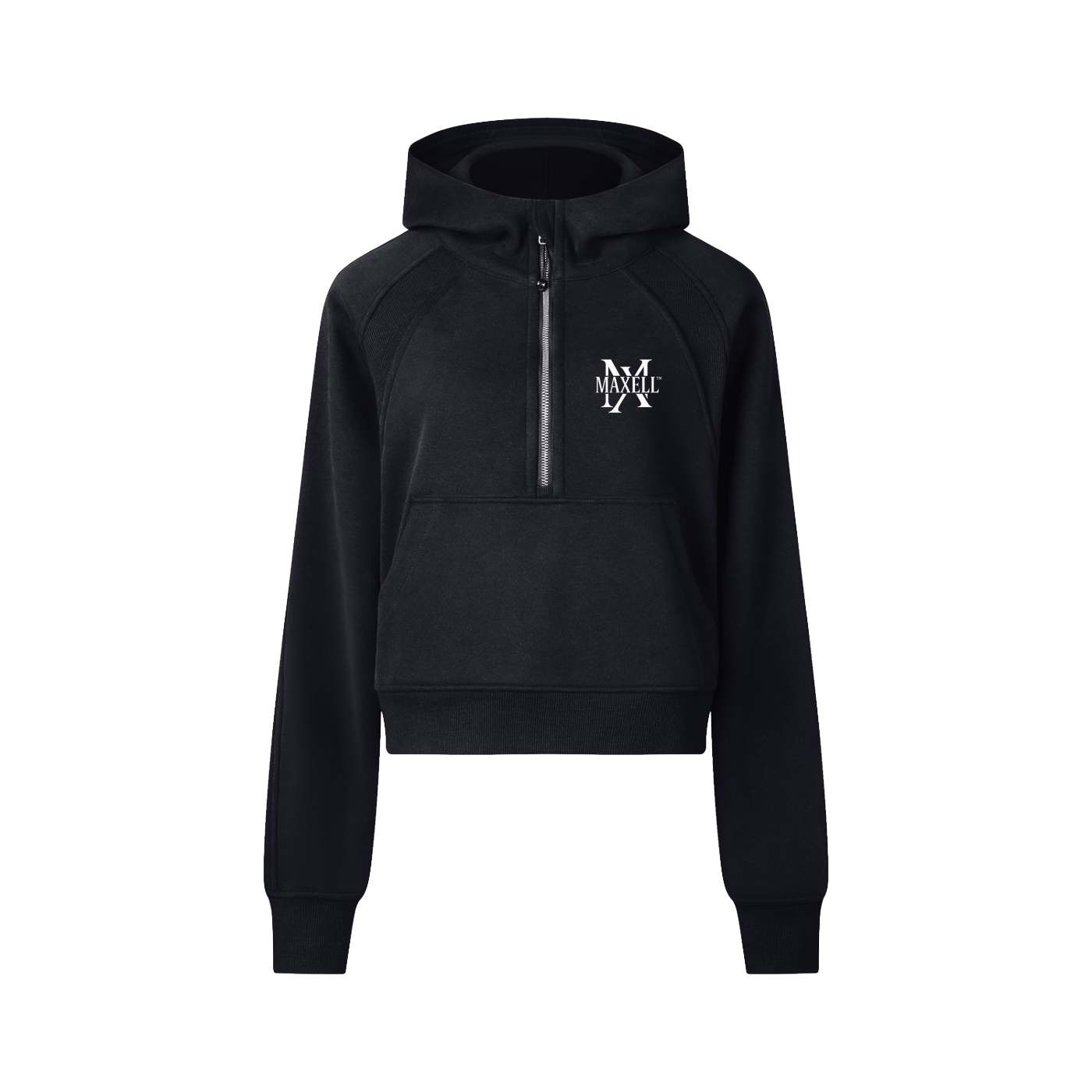 Black hoodie with a logo on the chest against a white background