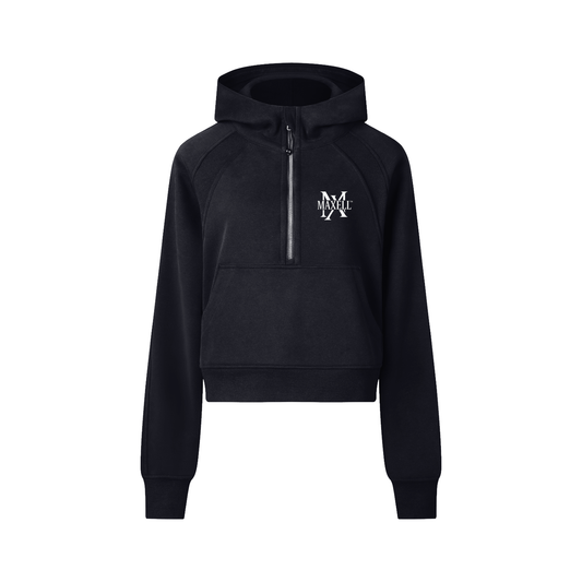 Black hoodie with a logo on the chest against a white background